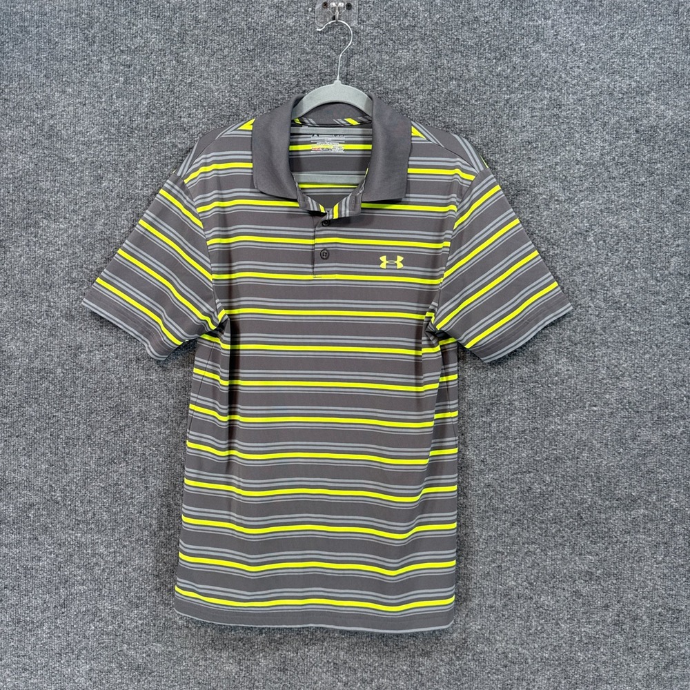 Under Armour Polo Shirt Mens Small Gray Lime Green Striped HeatGear Golf Loose